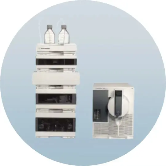 HPLC and LCMS instrument system for laboratory chemical analysis, including pumps, detectors, autosampler, column oven and mass spectrometers