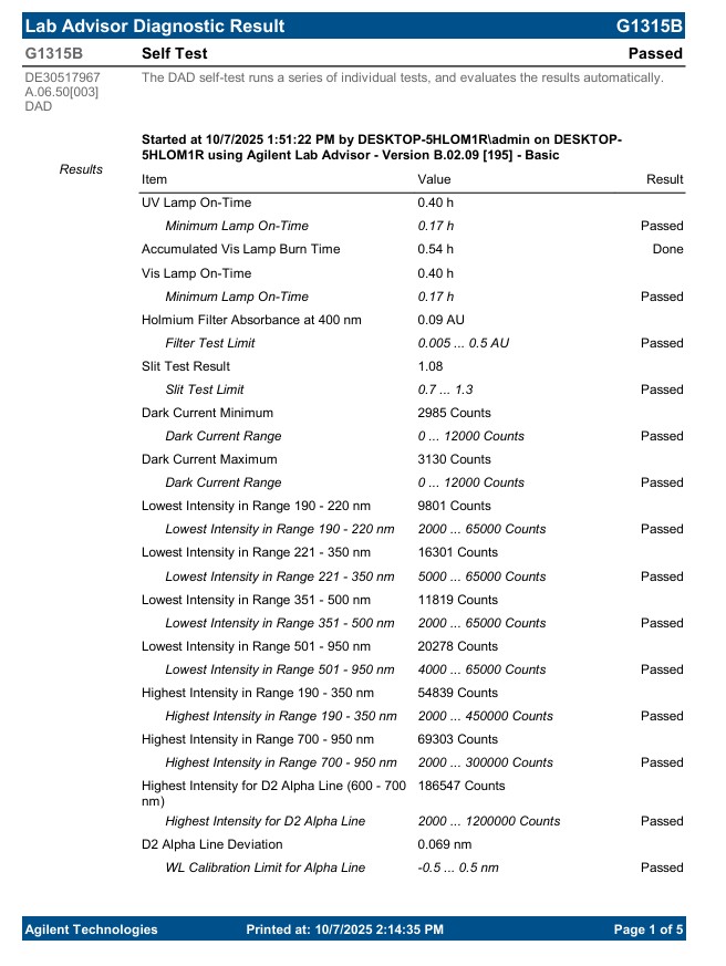 Agilent 1100 G1315B HPLC DAD Diode Array Detector with G1315-60015 High-pressure flowcell self test report